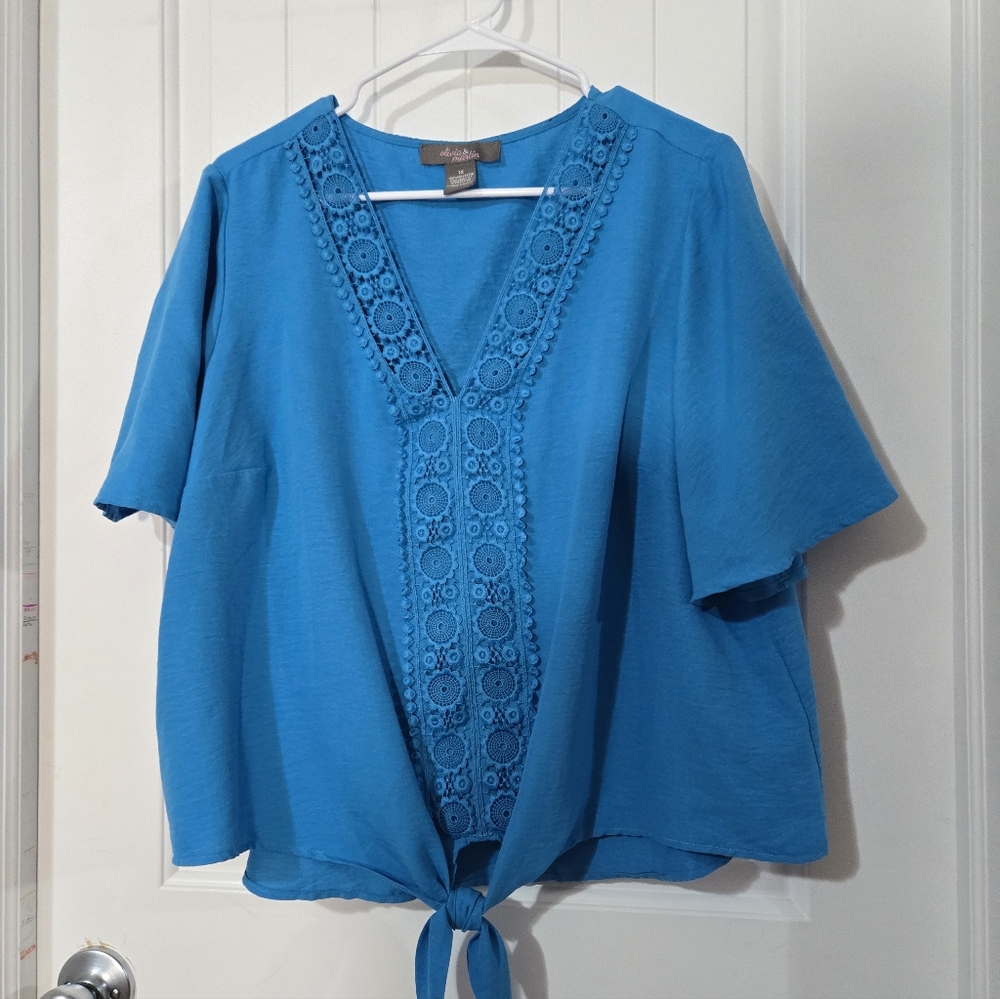 Olivia & Martin Blue Crochet Lace Tie Front Short Sleeve Blouse 1X